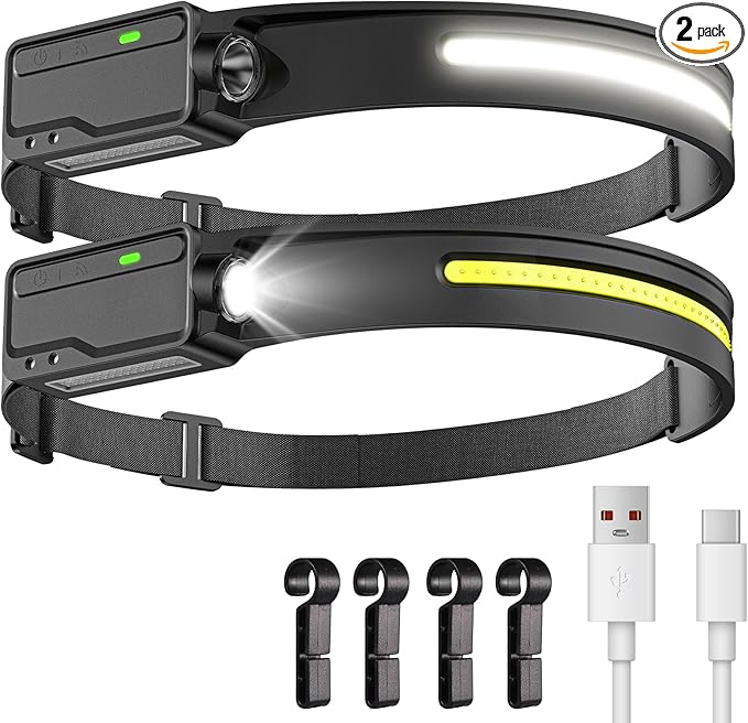 LED Headlamp Rechargeable Waterproof, Motion Sensor Hardhat Headlamp with Clips, 230°Wide Beam Head Lamp 6 Modes, for Adults, Kids, Camping, Running, Hiking, 2 Pack