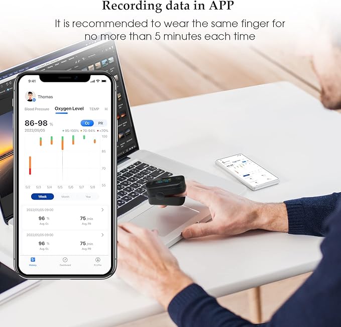 Wellue Fingertip Pulse Oximeter, Blood Oxygen Saturation Monitor with Batteries & Lanyard for Wellness Use Bluetooth, Black