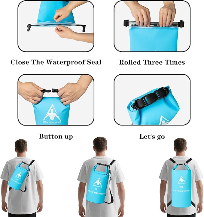 Oak-Sports Dry Bag Waterproof Backpack 5L/10L/20L, Roll Top Lightweight Beach Bag with Double Zipper Seal for Swimming, Kayaking, Hiking, Boating, Adjustable Shoulder Strap