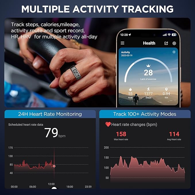 Smart Ring Health Tracker with Display Screen, Sleep Tracker Ring with Heart Rate, Fitness Ring Step tracker for Activity Monitoring/Steps/Calories,Wireless Charging, for iOS Android (Silver,13#)