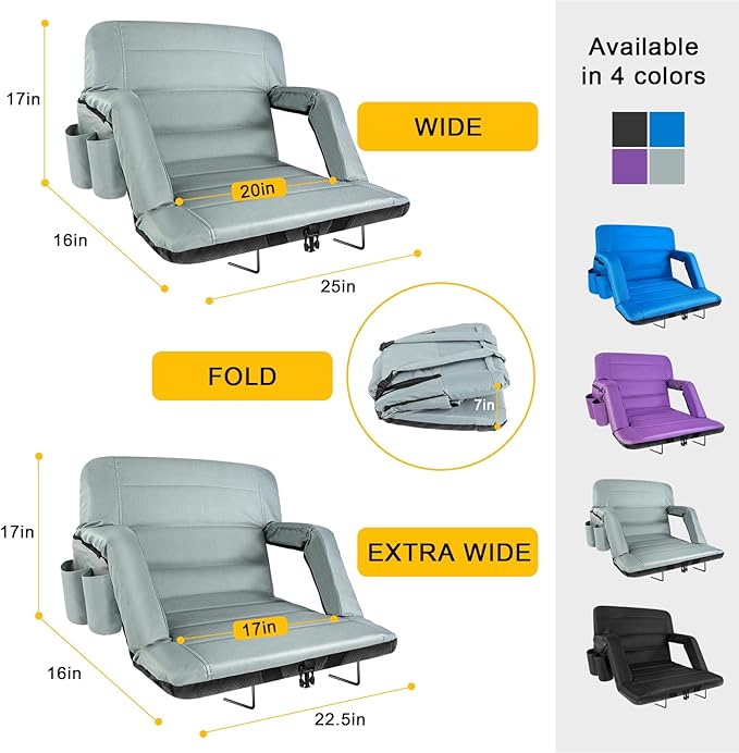 Extra Wide Stadium Seats With Back Support 2 Pack, Exclusive New Bleacher Chairs With Back and Cushion Folding Stadium Chairs, 6 Reclining Positions Waterproof Bleacher Seats (Extra Wide|25" Grey)