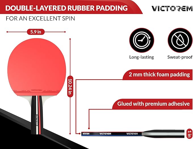 VICTOREM Table Tennis Paddles Set of 4 - Professional Ping Pong Paddles Set with Rubber & Ergonomic Handle for Enhanced Control & Spin - Speed & Control for Ultimate Performance with 8 Balls Included