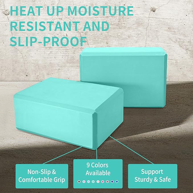 Yoga Block 2 Pack 9"x6"x3", Sturdy Yoga Foam Blocks, High Density & Non Slip Surface for Pilates & Stretching, Fitness Accessories for Stability & Balance