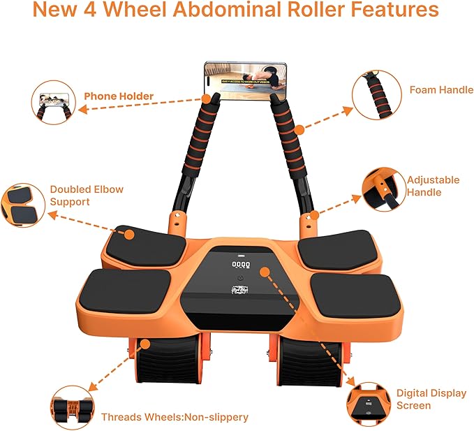 2025 New 4-Wheel Abdominal Roller with Elbow Support : Latest Upgraded High-Performance Exercise Machine With Automatic Rebound, Multi- layered Anti-Slip Design with Calorie Counting LCD Screen