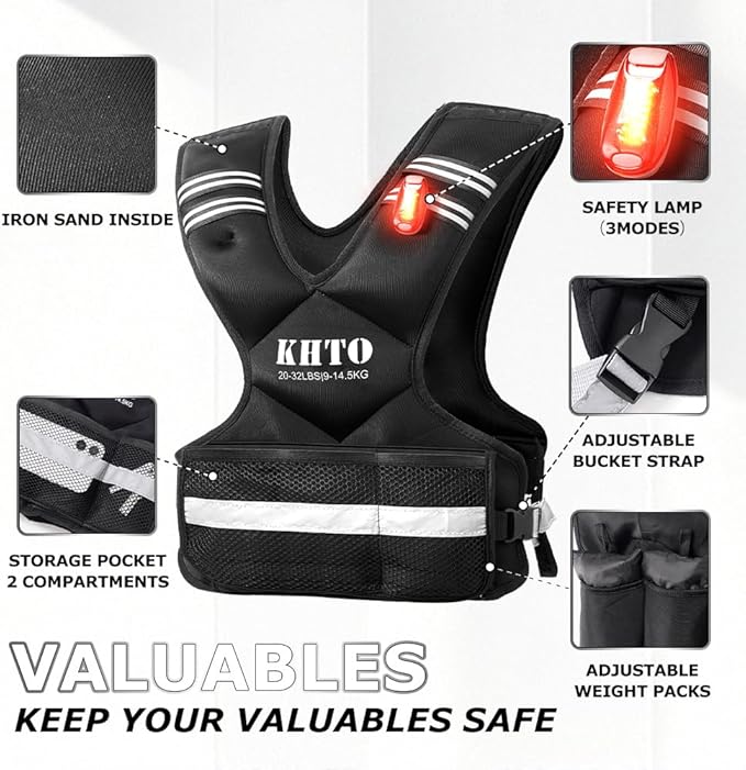KHTO Adjustable Weighted Vest for Men and Women with Warning Light Reflective Strip，Large Weight Vest for Exercise Set Cardio and Strength Training (4-10lb/11-20lb/20-32lb)