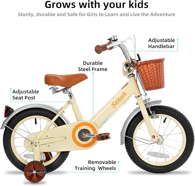JOYSTAR Vintage Kids Bike with Training Wheels & Basket, 12 14 16 Inch Girls Bike for 2-7 Years Old, Children Bicycles, Multiple Colors