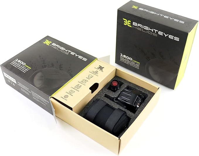 BRIGHT EYES Helios Fully Waterproof 1600 Lumen Rechargeable Mountain, Road Bike, MX Headlight, 6400mAh External Battery (Now 4+ Hours on Bright Beam) - Included: Free Diffuser Lens and Free Taillight