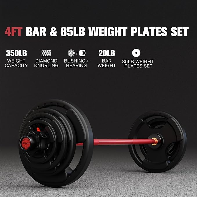 RitFit Barbell Weight Set - 4/6FT Olympic Barbell with Weight Plates (55-275LB Total) - Weightlifting Equipment for Squats, Curls, Deadlifts, Presses, Hip Thrusts