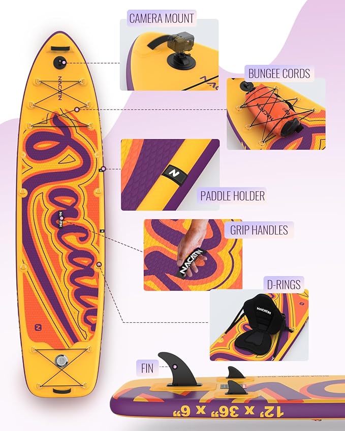 Inflatable Stand Up Paddle Board 12' with Kayak Seat & Dual Paddles – Premium SUP Board for Adults & Families Includes Kayak Conversion Kit, Pump, Leash & Accessories – Stable Wide Deck for Beginners