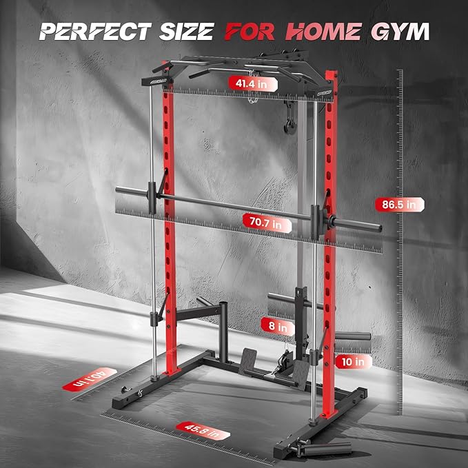 Smith Machine with LAT-Pull Down, Multi-Functional Smith Machine, Power Cage with Cable Crossover, Squat Rack with Landmine, Barbell Bar, Plate Storage Pegs and More Training Attachment