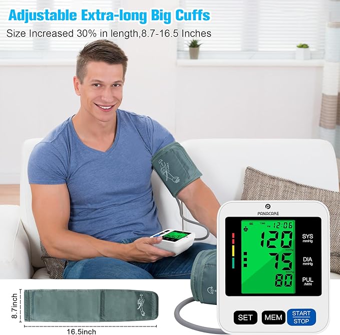 Blood Pressure Monitor Upper Arm Blood Pressure Machine for Home Use BP Cuff Kit, Large 3-Color 3.4'' Display with Backlight,Pulse Rate Detection Meter with Cuff 22-42cm/2×99 Sets Memory (Black)