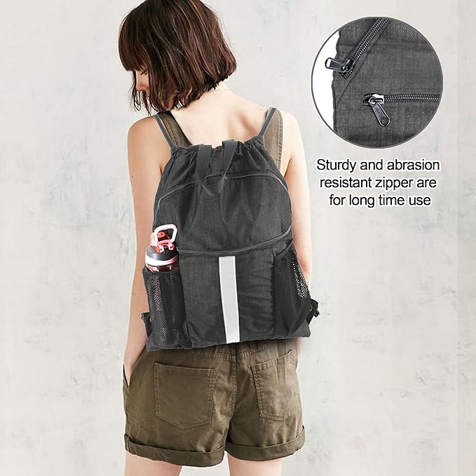 BeeGreen Drawstring Backpack Bag with Shoe Compartment, X-Large Black Gym Sports String Cinch Backpack