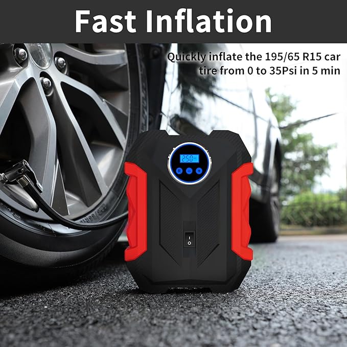 Digital Air Compressor for Car Auto Pump Portable Tire Inflator with LED Light DC 12V, Red