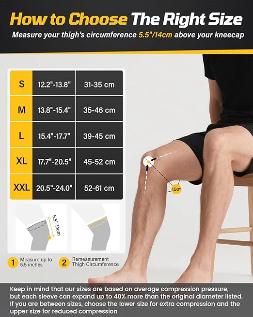 Knee Compression Sleeve - 6 UPGRADED FEATURES - Knee Brace for Men & Women, Knee Support for Running, Gym, Hiking, Sports, Black, XX-Large