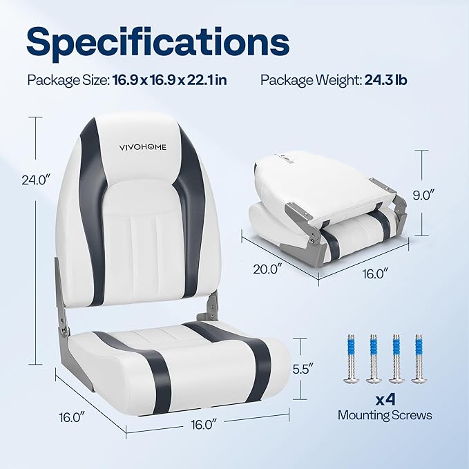 VIVOHOME Folding High Back Boat Seats 2 Pack, Waterproof Boat Captain Chairs, 4 Mounting Screws Included, White and Gray