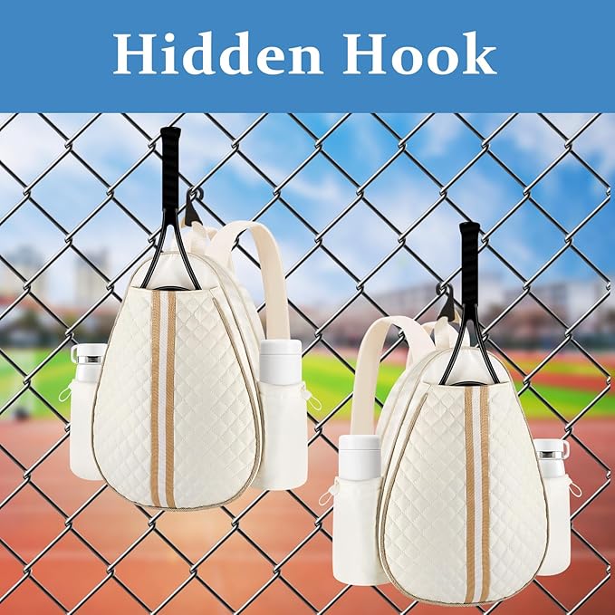 Tennis Bags for Women Quilted Large Tennis Sling Bag Crossbody Backpack Holds 2 Rackets Water Resistant Racket Bag Cover One Shoulder Pickleball Bags for Badminton Racquet Racketball (White)