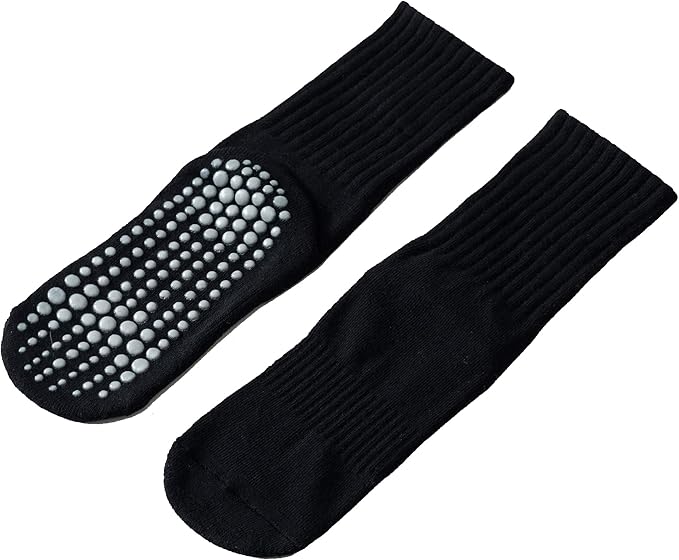 Yoga Pilates Socks with Grips for Women Non Slip Solid Colored Fleece Cushioned Mid Calf Crew Socks for Barre Ballet Dance