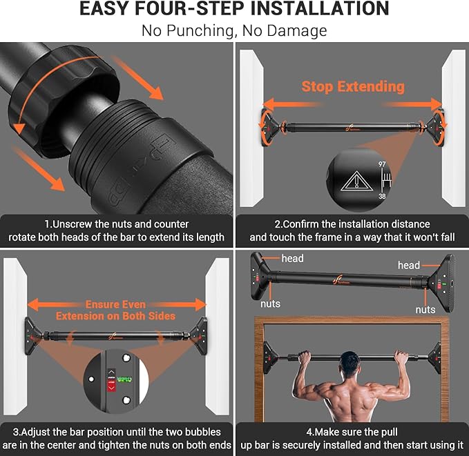 Sportneer Pull Up Bar: Strength Training Chin up Bar without Screws - Adjustable 29.5''-37'' Width Locking Mechanism Pull-up Bar for Doorway - Max Load 440lbs for Home Gym Upper Body Workout, Non-slip