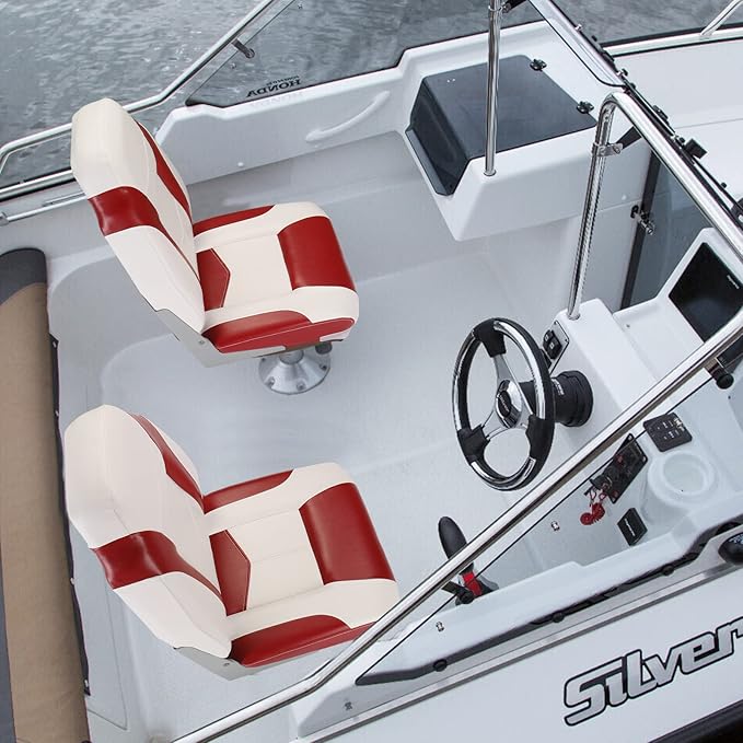 PEXMOR Boat Seats Low/High Back, Folding Boat Seat Included, Fold-Down Fishing Boat Seats Waterproof Captain Boat Seat w/Aluminum Hinges & Thick Soft Cushion, 2 Packs (High Back-Red & White)