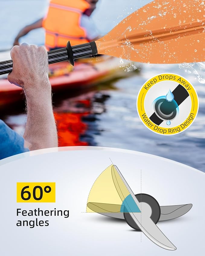 OCEANBROAD Adjustable Carbon Fiber Kayak Paddle 86in/220cm to 94in/240cm Kayaking Oar for Adults with Paddle Leash 1 Paddle