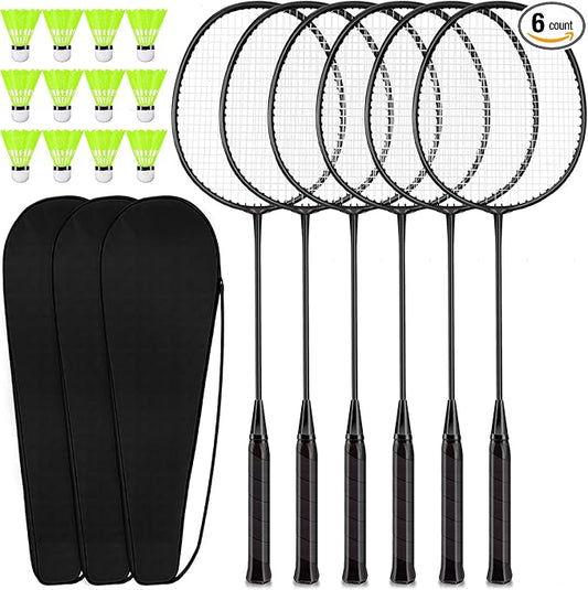 6 Packs Badminton Rackets Set Include 6 Lightweight Rackets 12 Nylon Plastic Shuttlecocks 3 Carrying Bags for Summer Outdoor Backyard Games Sports Beginners Adults