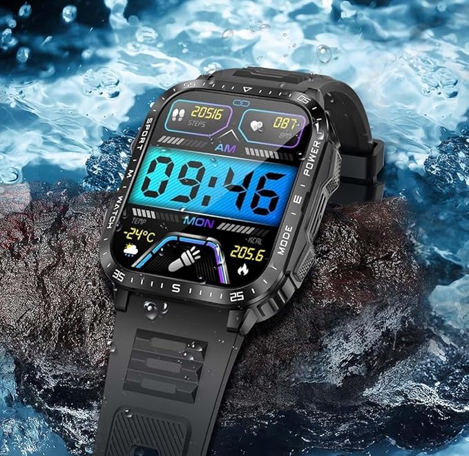 KT79 Military Smart Watch for Men with LED Flashlight Watch 2.0'' Big Screen Tactical Smartwatch Fitness Tracker with Heart Rate Sleep Monitor Make Calls for iPhone Android (Black)