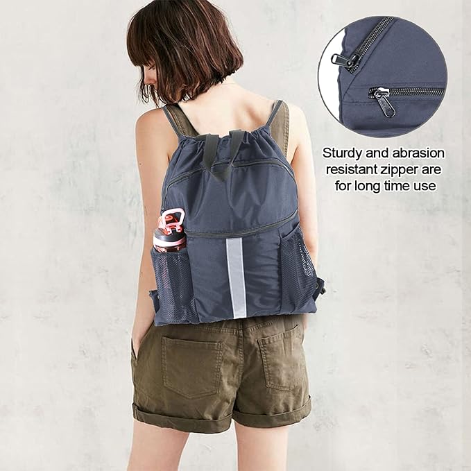 BeeGreen Drawstring Backpack Bag with Shoe Compartment, X-Large Black Gym Sports String Cinch Backpack