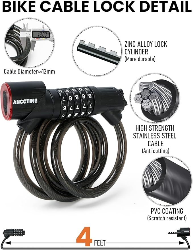 Combination Bike Lock Cable - with LED Bike Tail Light and Keypad Light, IPX6 Waterproof Heavy Duty Strong Anti-Theft 5 Digit Keyless Cable Lock, for Kids Adult Bike Accessories (4FT, Black-0.5 inch)