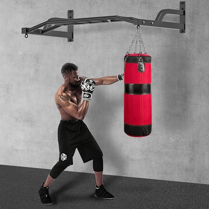 SELEWARE 48'' Heavy Duty Pull Up Bar Wall Mount Multi-function Chin up Bar with Home Gym Cable Pulley System LAT Pulldown Workout Attachments Heavy Bag Hanger