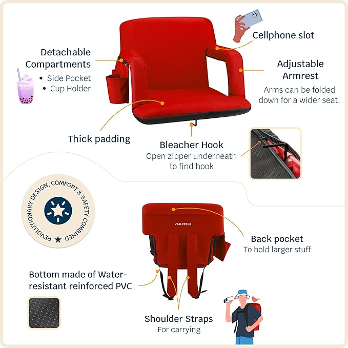 Alpcour Reclining Stadium Seat – Wide Bleacher Chair with Back Support and Cushion, Armrests, Side Pockets, and Bleachers Hook – Best Stadium Seats Chairs for Camping, Kayak, & Paddle Board Backs