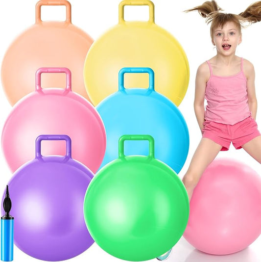 Lewtemi 6 Pcs Hopper Ball Carnival Outdoor Games 22 Inch Jumping Hopping Inflatable Bouncing Ball with Handle and Air Pump for Kids Sport Exercise(Light Colors)