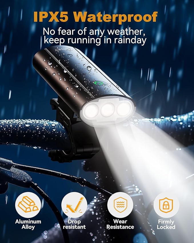 Super Bright Bike Lights for Night Riding, USB Rechargeable Mountain Bicycle Headlight, Waterproof, 6+4 Light Modes Bike Light Set for Cyclists and Commuters