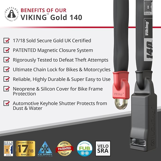 Seatylock Viking Bike Chain Lock with Key - Magnetic Patented Sold Secure Gold Rated - Heavy Duty Anti Theft - Smart Ultra Security Bicycle Lock (55.1 in)