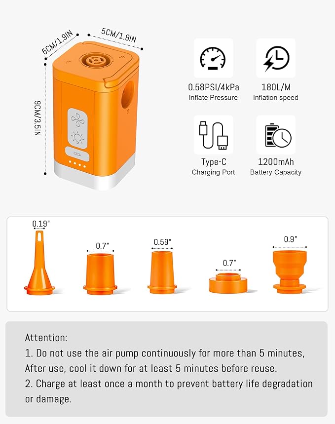 Electric Air Pump for Inflatables, 4kPa Rechargeable Portable Air Pump with Camping Light, Quickly Inflation Deflation for Camping, Travel, Pool Floats, Air Mattress, Vacuum Storage Bags