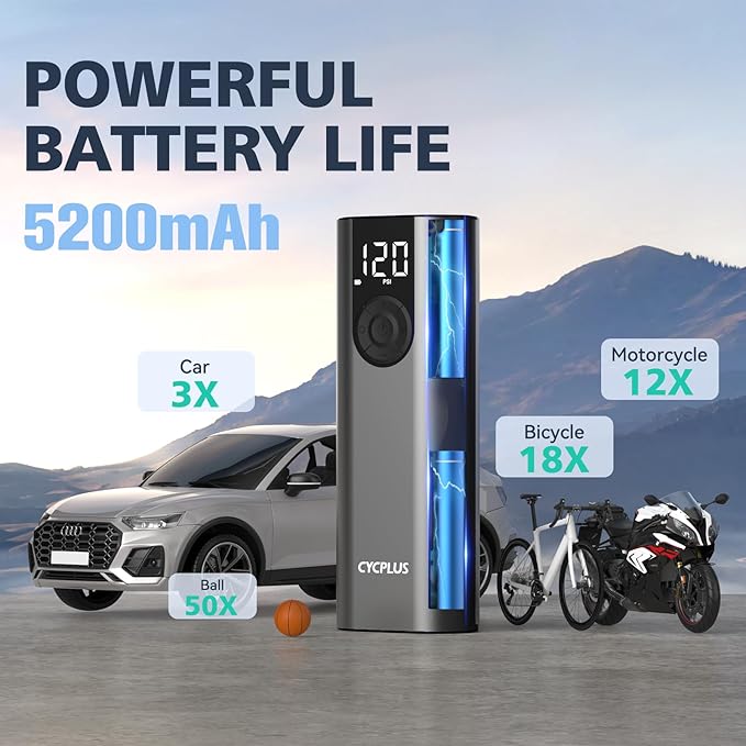 CYCPLUS Bicycle Pump Portable Car Tire Pump,Max 150 PSI, Auto Shut-Off Air Pump with Presta and Schrader Valves Smart Air Inflator Mini Air Compressor for Car Bicycle Motorcycle and Balls