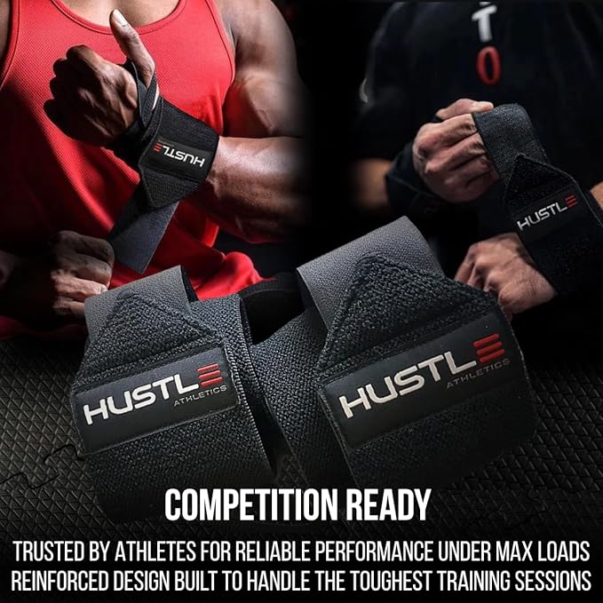 Hustle Athletics Wrist Wraps for Weightlifting, USPA-Approved Wrist Support Weight Lifting Wraps, Premium Hook-and-Loop, 12 in or 18 in Heavy-Duty Cotton-Elastic Support for Powerlifting & Bench Press