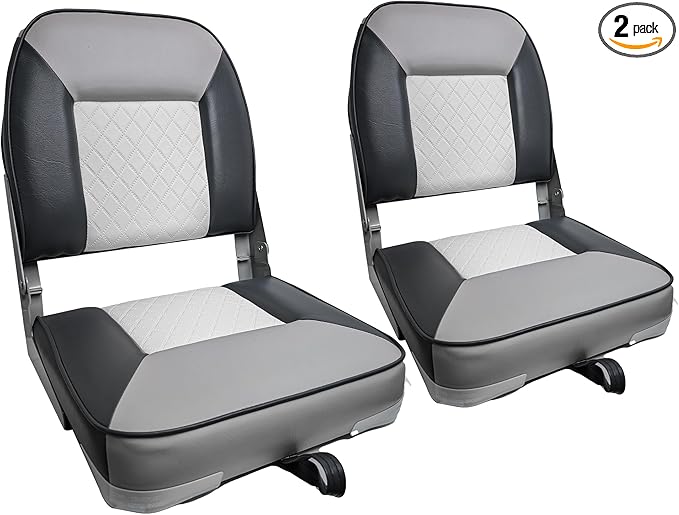 Folding Boat Seat Low Back Boat Chair Marine Bass Jon Fishing Boat Seats 2 Pack, White/Gray/Charcoal