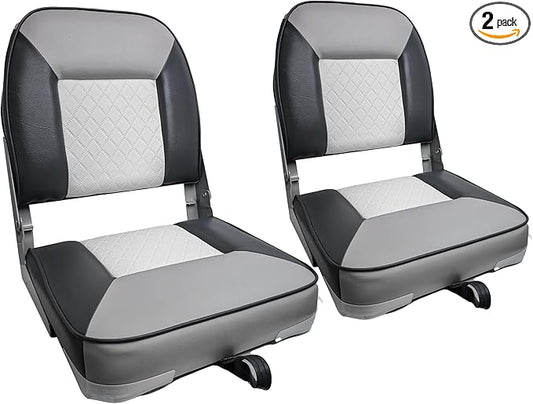 Folding Boat Seat Low Back Boat Chair Marine Bass Jon Fishing Boat Seats 2 Pack, White/Gray/Charcoal