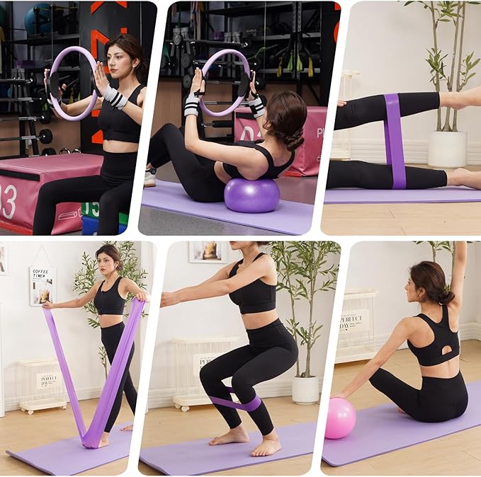 Pilates Ring Circle and Pilates Ball Set, 12 Inch&14Inch Magic Circle Pilates Ring,9 Inch Small Exercise Ball,Resistance Bands Set, Home Pilates Equipment for Women