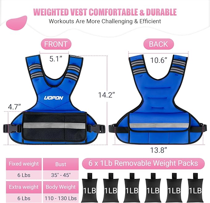 Adjustable Weighted Vest for Women, 6-12 Lbs Rucking Vest with 6 Ironsand Weights, Great Weighted Vest with Plus Pockets & Reflective Strips for Running, Walking, Workout and Strength Training
