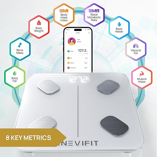 INEVIFIT Smart Body Fat Scale, Highly Accurate Bluetooth Digital Bathroom Body Composition Analyzer, Measures Weight, Body Fat, Water, Muscle, Visceral Fat & Bone Mass for Unlimited Users (Eco-Wht)