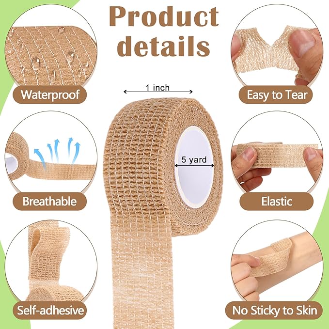 Treela 48 Pack Self Adhesive Wrap Bandage Bulk, Self Adherent Cohesive Bandage Elastic Athletic Tape Breathable Wound Tape for Stretch Athletic Sports Wrist Ankle(Nude Color,1 Inch X 5 Yards)