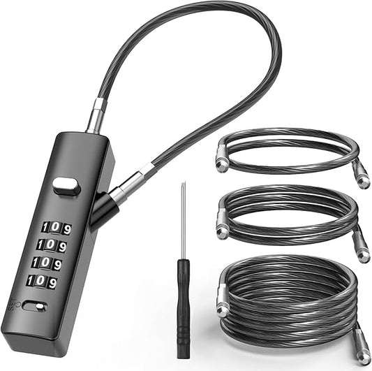 4-Digit Combination Cable Luggage Lock with 3 Interchangeable Steel Cables (9"/24"/47") – for Bike, Backpack, Gym, Cabinet, Gate (Gray, 1 Pack)