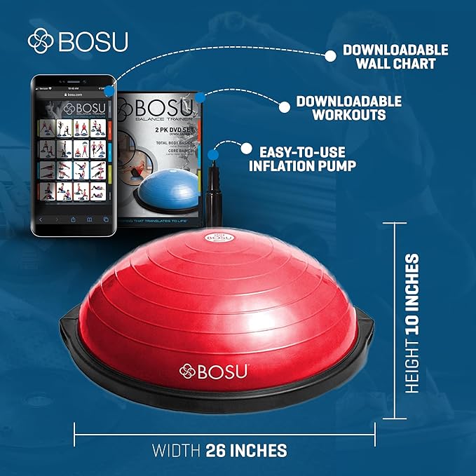 Bosu Balance Ball Exercise Trainer, Home Gym Equipment w/ Guided Workouts & Pump, 26", Blue - Inflatable Fitness Platform for Strength Training, Standing, Balancing, and Core Workout
