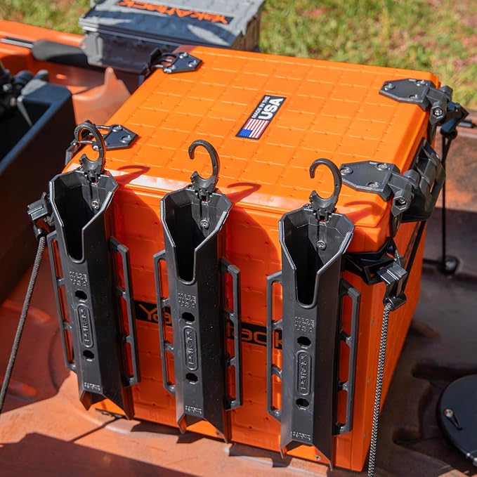 YakAttack BlackPak Pro 13" x 13" Fishing Crate with 3 Rod Holders - Orange | Compact Tackle Storage Box & Gear Organizer for Kayaks | Lightweight, Durable & Customizable Marine Accessory | Made in USA