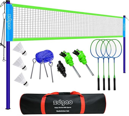 Zdgao Badminton Sets for Backyard, Portable Badminton Net with Tension Adjuster, Badminton Racket Set of 4, 3 Nylon Shuttlecocks, Boundary Line and Carry Bag for Backyard Beach Family Games