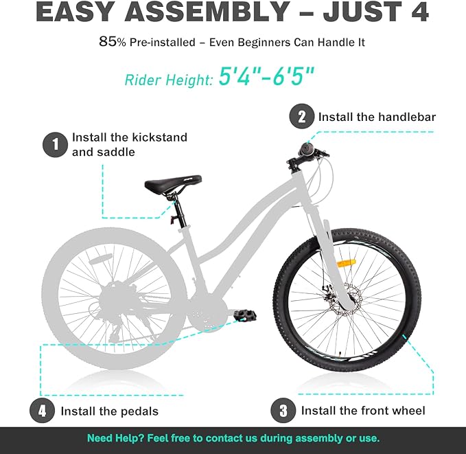 HappyHugs Women’s 26 Inch Mountain Bike, Low-Step Frame, 21-Speed Twist Shifters, Dual Disc Brakes, Front Suspension, 26×2.35 All-Terrain Tires for City Commute & Park Trails