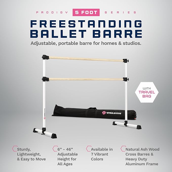 VITA Barre Portable Freestanding Double Ballet Barre, Prodigy, with Carry Bag | Adjustable Height, USA Made, Home or Gym Exercise Equipment for Kids & Adults | Dance, Fitness, Pilates