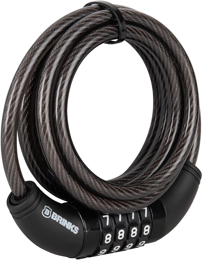 BRINKS 6 ft Outdoor Bike Lock Cable, Anti Theft Self-Coiling Design, Resettable 4-Dial Combination, 5/16" Weather-Resistant Vinyl Coating for Bikes