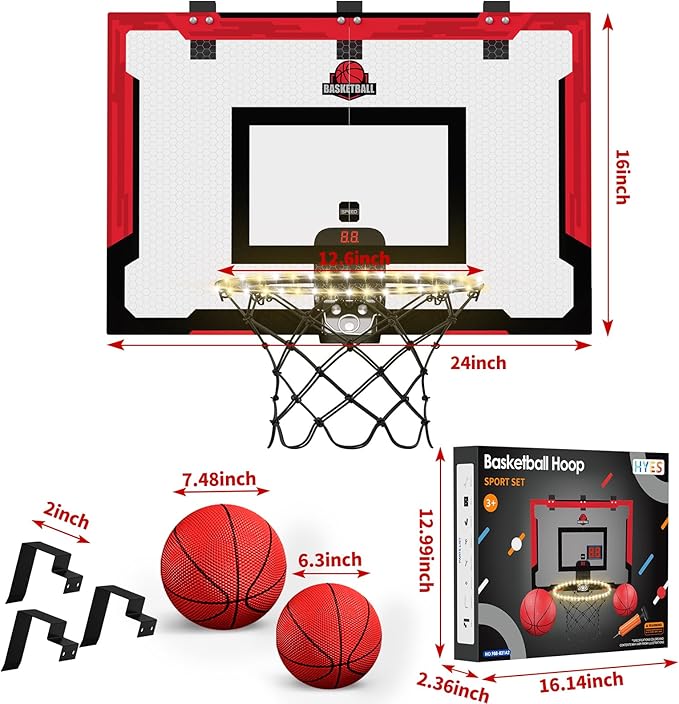 24" x 16" Large Basketball Hoop Indoor for Adults, Over The Door Basketball Hoop with Electronic Scoreboard/LED Rim, Big Basketball Toys Gifts Ideas for Man Kids Teens Boys Girls, Red
